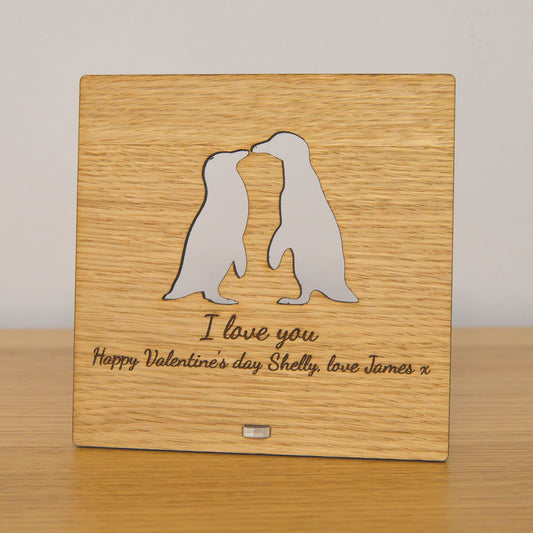 I Love You - Penguin Gift - Valentines Day Wooden Plaque