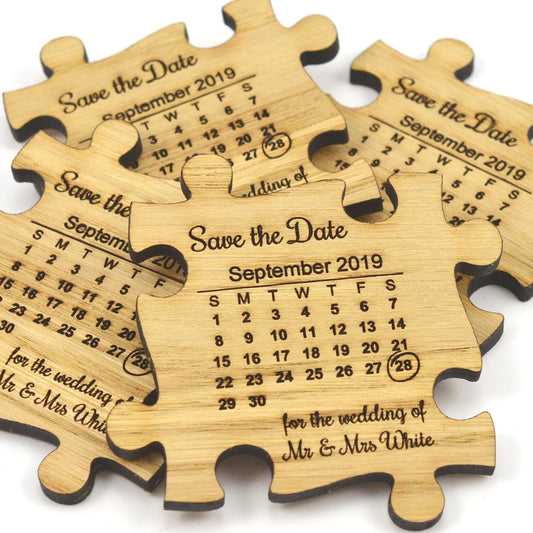 Wedding Save The Date Magnets - Wooden Jigsaw Puzzle Piece With Calendar