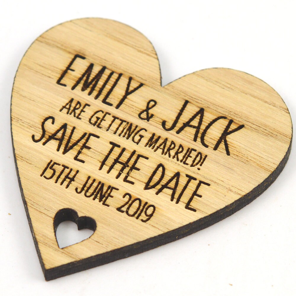 Wooden Wedding Save The Date Hearts - Rustic Oak Engraved Invitations
