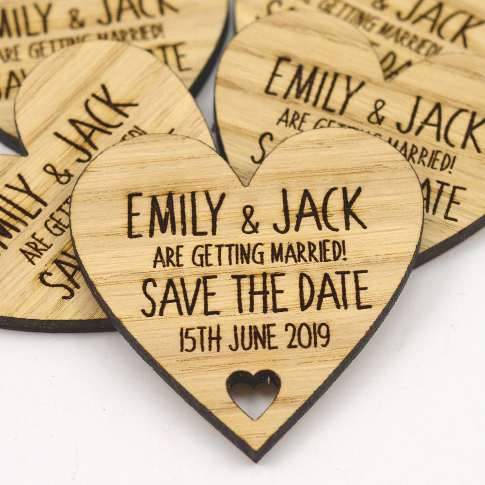 Wooden Wedding Save The Date Hearts - Rustic Oak Engraved Invitations