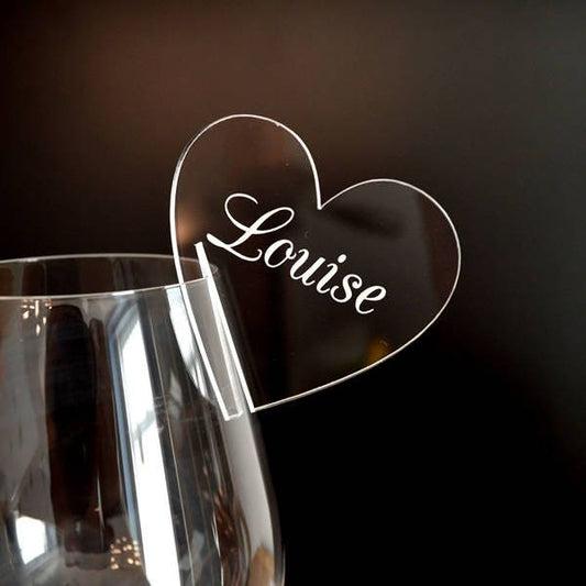 Heart Shaped Wedding Wine Glass Charms - Personalized Clear Acrylic Identifiers Table Place Names Cards