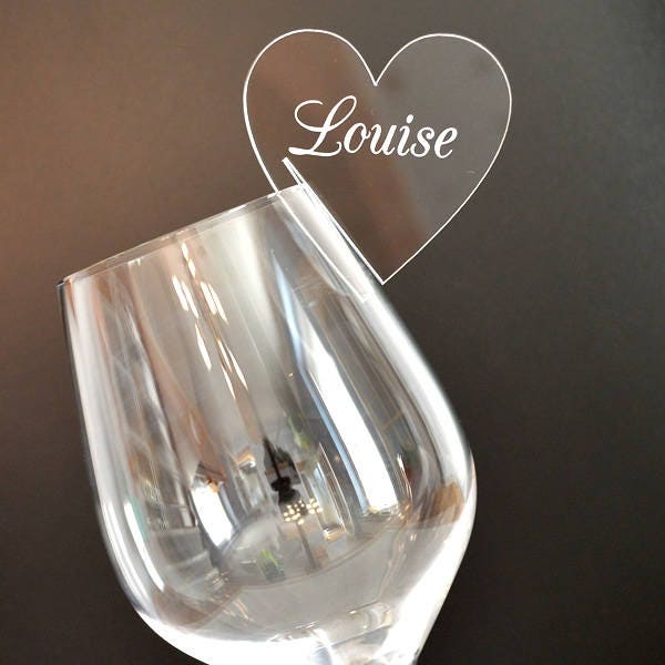 Heart Shaped Wedding Wine Glass Charms - Personalized Clear Acrylic Identifiers Table Place Names Cards