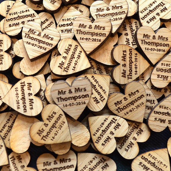 Personalised Heart Shaped Wooden Wedding Table Confetti Rustic Oak Decorations
