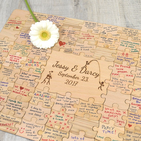 Personalised Wooden Wedding Jigsaw Puzzle Piece Guestbook - Personalized Oak Beech Guest Book