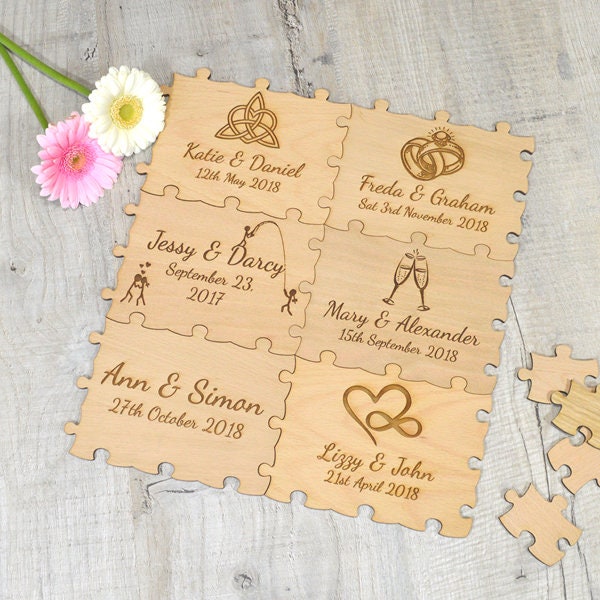 Personalised Wooden Wedding Jigsaw Puzzle Piece Guestbook - Personalized Oak Beech Guest Book