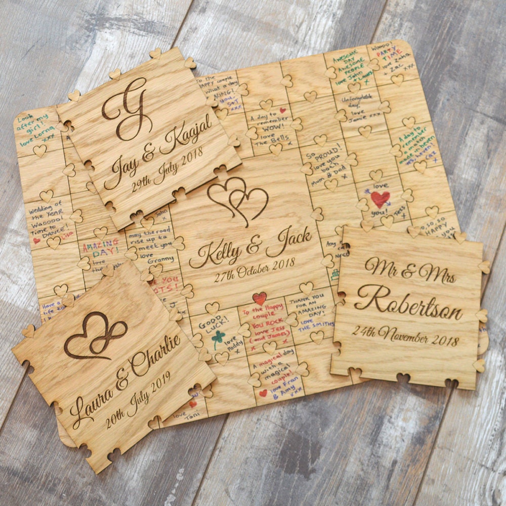 Rustic Wooden Personalized Wedding Jigsaw Puzzle Guestbook - Personalised Heart Shaped Knobs Chic Shabby Oak