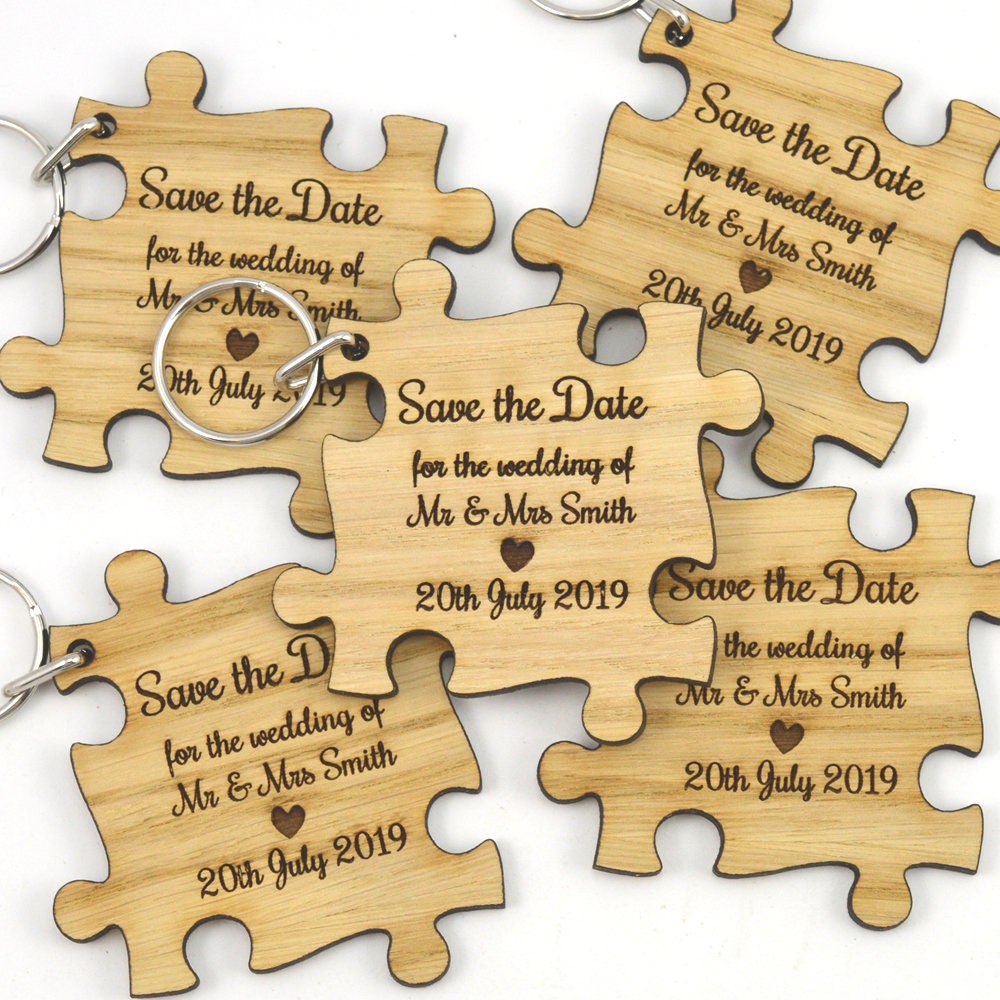 Wedding Save The Date Keyrings - Personalised Wooden Jigsaw Puzzle Shape