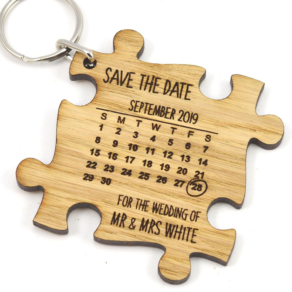 Wedding Save The Date Keyrings - Wooden Jigsaw Puzzle Piece With Calendar Design
