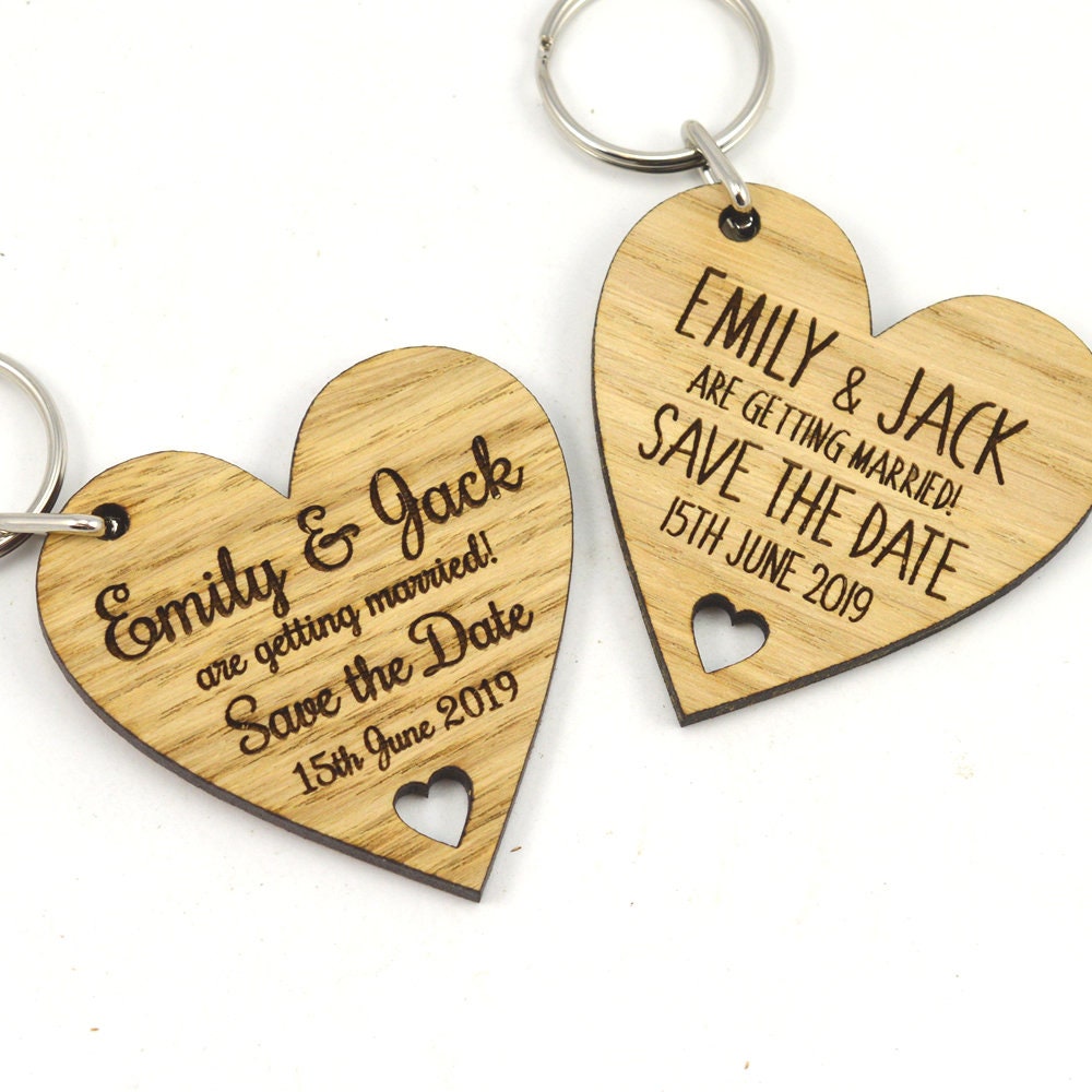 Wedding Save The Date Keyrings - Rustic Heart Shaped Wooden Keyring