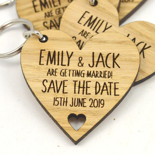 Wedding Save The Date Keyrings - Rustic Heart Shaped Wooden Keyring