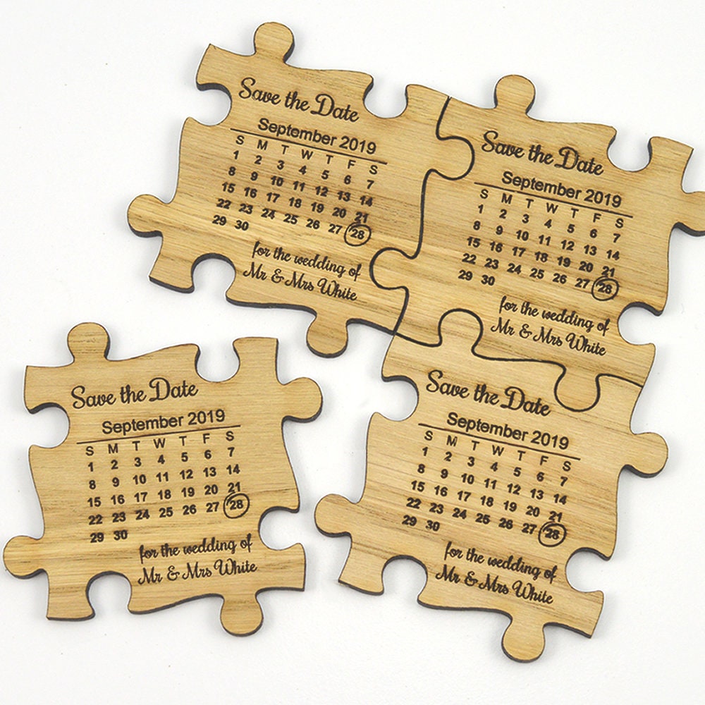 Wedding Save The Date Magnets - Wooden Jigsaw Puzzle Piece With Calendar