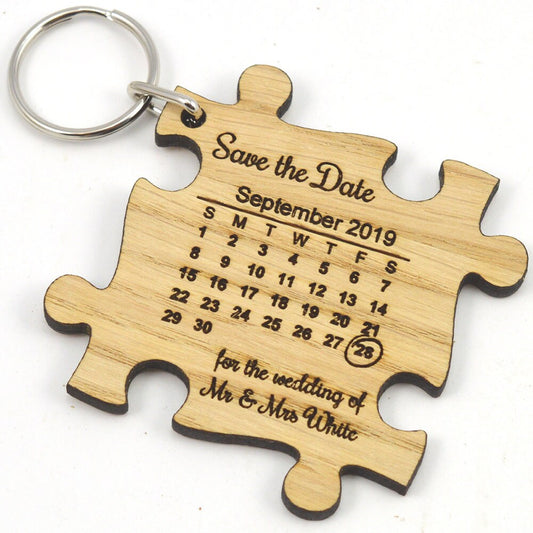 Wedding Save The Date Keyrings - Wooden Jigsaw Puzzle Piece With Calendar Design