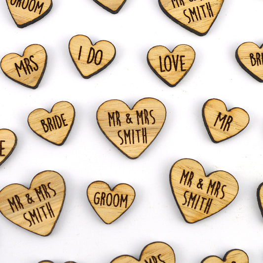 Personalised MIXED Heart Shaped Wooden Rustic Wedding Table Confetti
