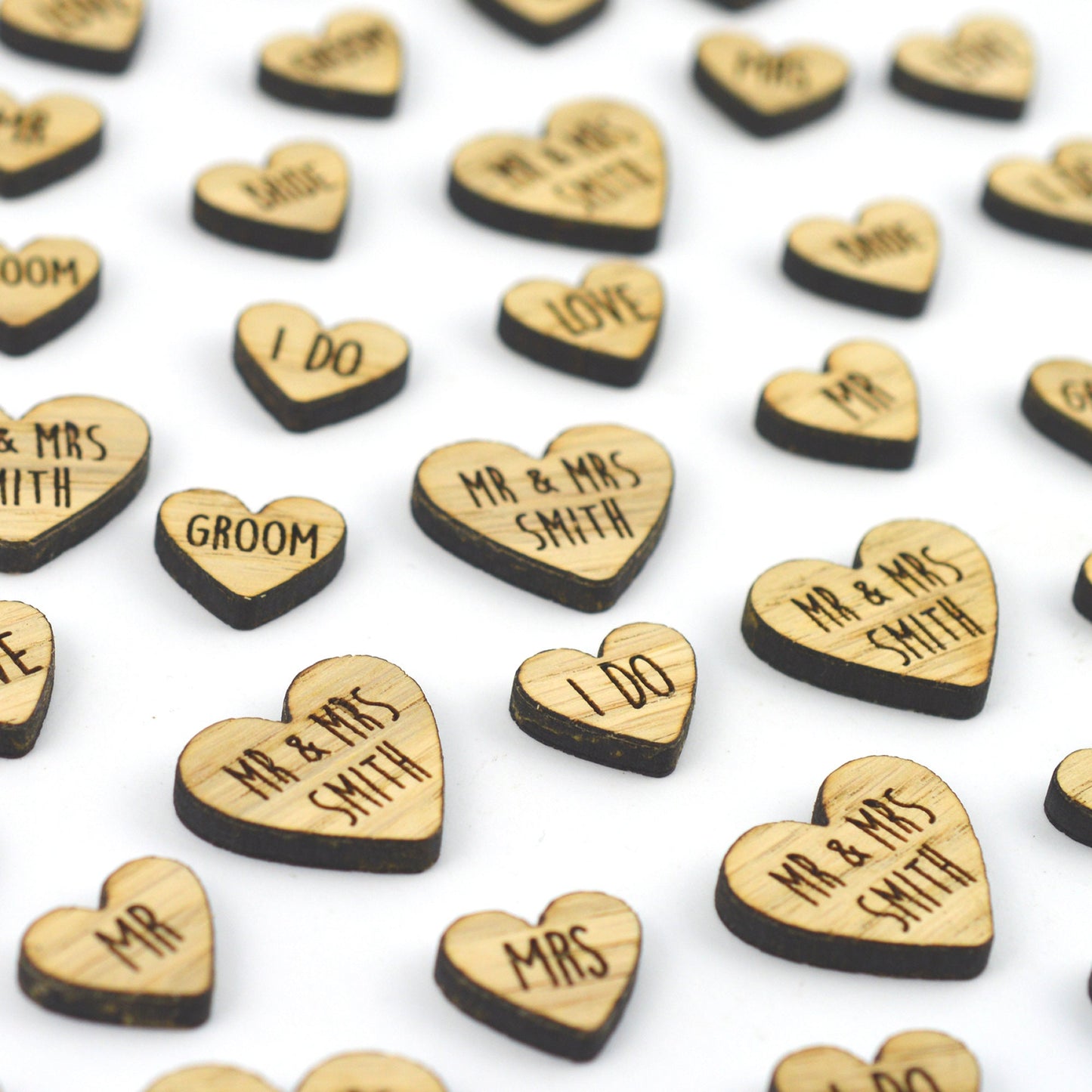 Personalised MIXED Heart Shaped Wooden Rustic Wedding Table Confetti