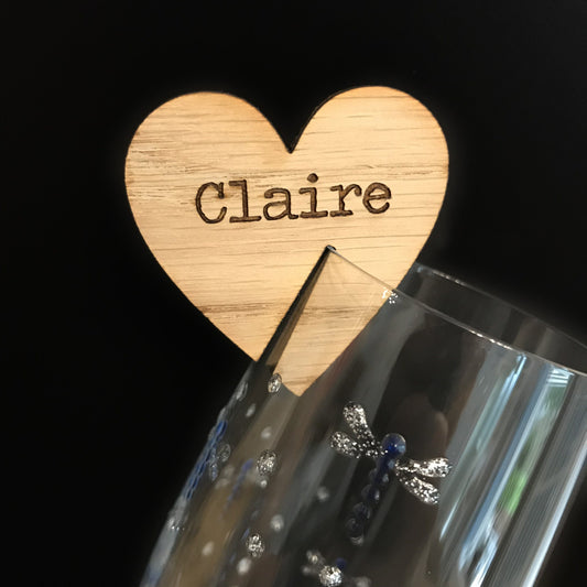 Personalised Wooden Heart Wedding Wine Glass Charms - Rustic Personalised Place Names