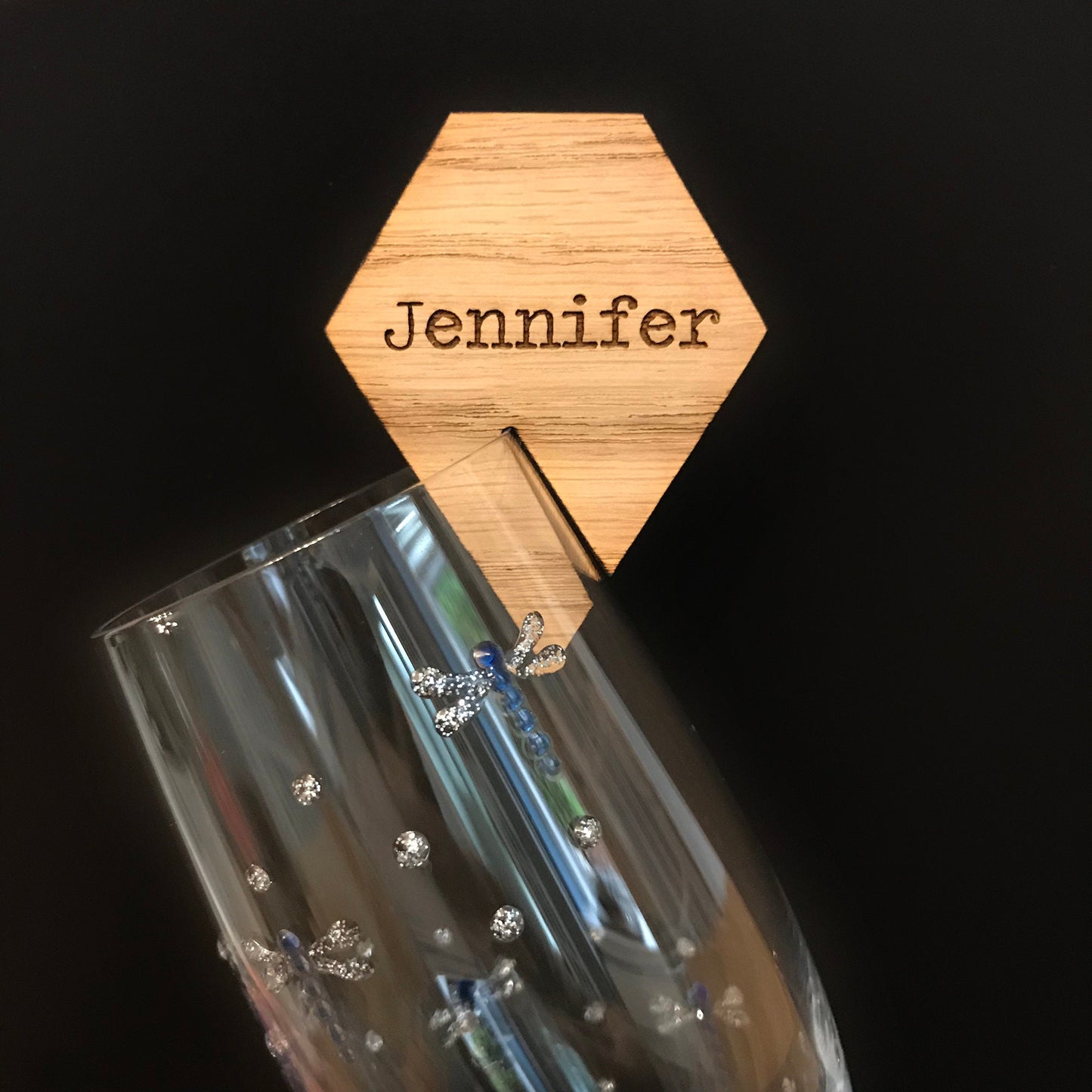 Personalised Wooden Geometric Diamond Wedding Wine Glass Charms - Rustic Personalised Place Names
