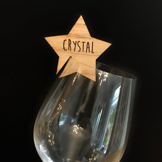 Personalised Wooden Star Shaped Wedding Wine Glass Charms - Rustic Personalised Place Names