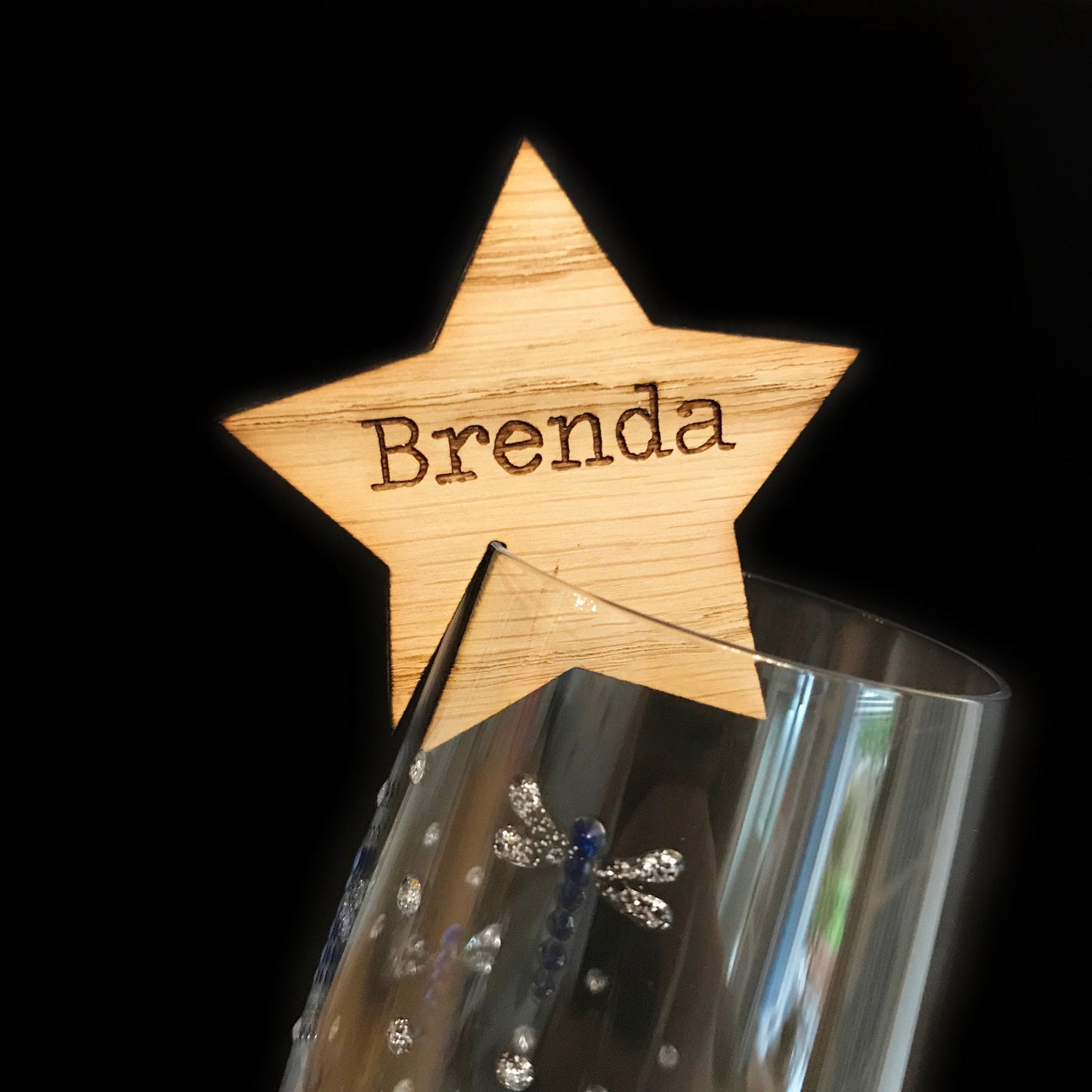 Personalised Wooden Star Shaped Wedding Wine Glass Charms - Rustic Personalised Place Names
