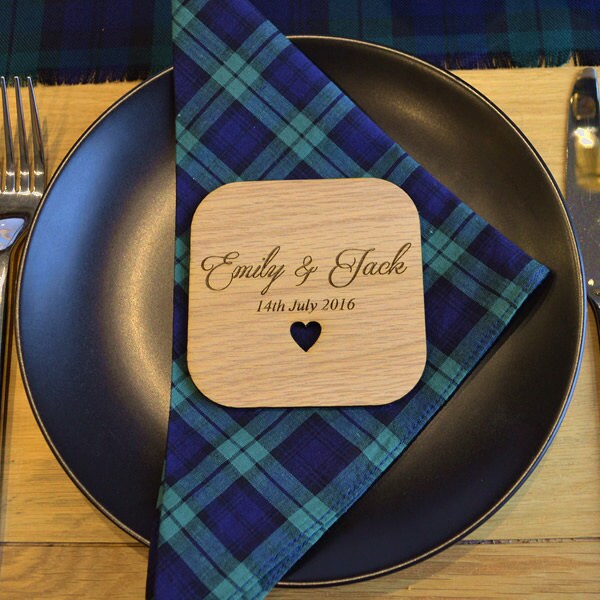 Personalised Wedding Table Coasters - Unique Wooden Favour Placecards for Guests
