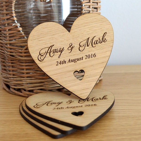 Personalised Heart Shaped Wedding Table Coasters Unique Wooden Favour Placecards