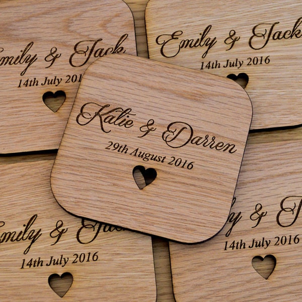 Personalised Wedding Table Coasters - Unique Wooden Favour Placecards for Guests