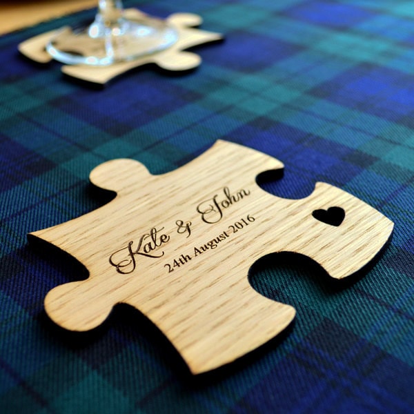 Personalised Jigsaw Puzzle Piece Wedding Table Coasters Unique Wooden Favours