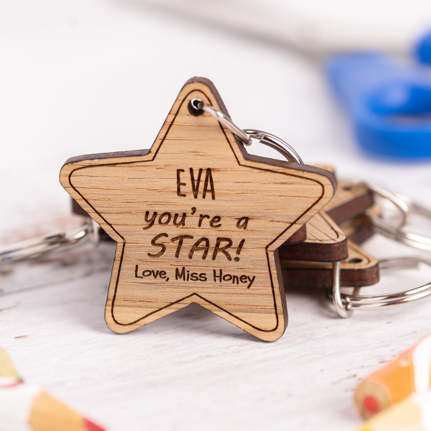 Christmas Teacher Pupil Gift - Personalised Wooden Star Keyrings