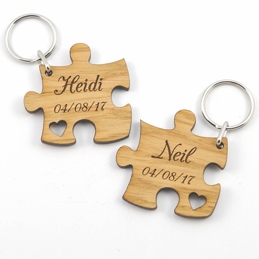 PERSONALISED Jigsaw Puzzle Keyring Set - Engraved Wooden Valentines Day Gift
